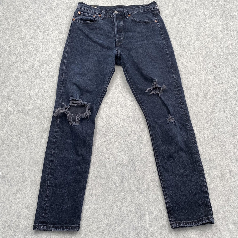 Levis 501 S Jeans Mens 32x27 (29x26) Blue Dark Straight Stretch Distressed Denim